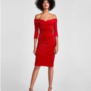 Zara red velvet off the shoulder bodycon dress Valentine’s Day Christmas Holiday